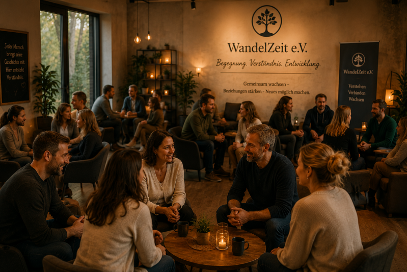 Frauen und Männer sprechen in kleinen Gruppen miteinander – Begegnungsraum von WandelZeit KW e.V.