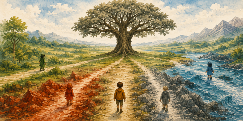 Der Wandelbaum mit fünf Wegen, Sinnbild für die fünf Kräfte im Buch