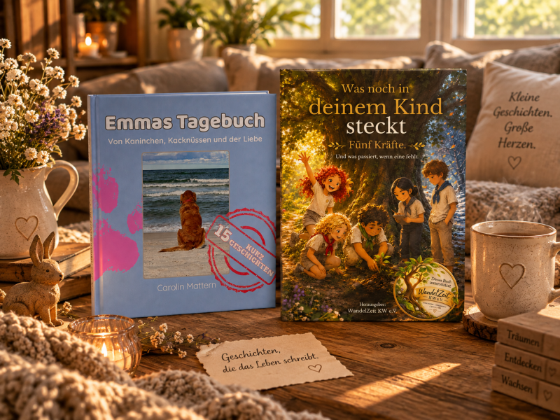 Die WandelZeit-Bücher „Was noch in deinem Kind steckt“ und „Emmas Tagebuch“ in gemütlicher Leseatmosphäre – Geschichten über Kinder, Potenziale, Gefühle und das Leben.
