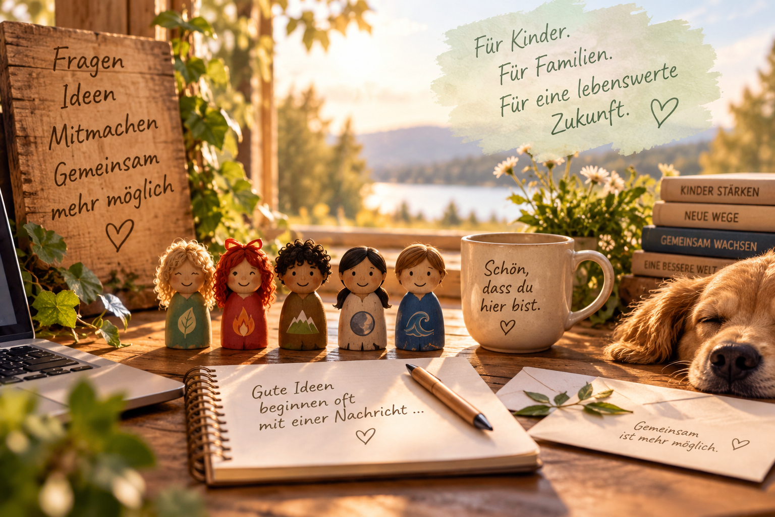 Ein einladender Schreibtisch von WandelZeit mit fünf Kinderfiguren, Notizbuch und Brief – Symbol für Fragen, Ideen, Mitmachen und gemeinsame Projekte für Kinder und Familien.