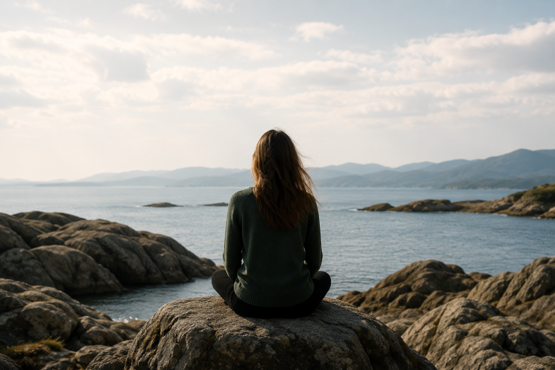 Frau sitzt ruhig auf einem Felsen und blickt über das Meer. Das Bild symbolisiert innere Ruhe, Selbstreflexion, Achtsamkeit und einen geschützten Raum für Menschen mit Misophonie bei WandelZeit e. V.