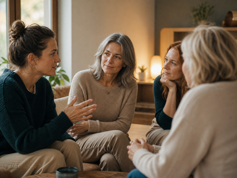 Frauen sitzen in warmer Atmosphäre zusammen und sprechen achtsam miteinander.