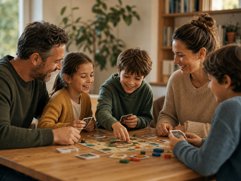 Familie spielt gemeinsam an einem Holztisch und entdeckt spielerisch neue Perspektiven.
