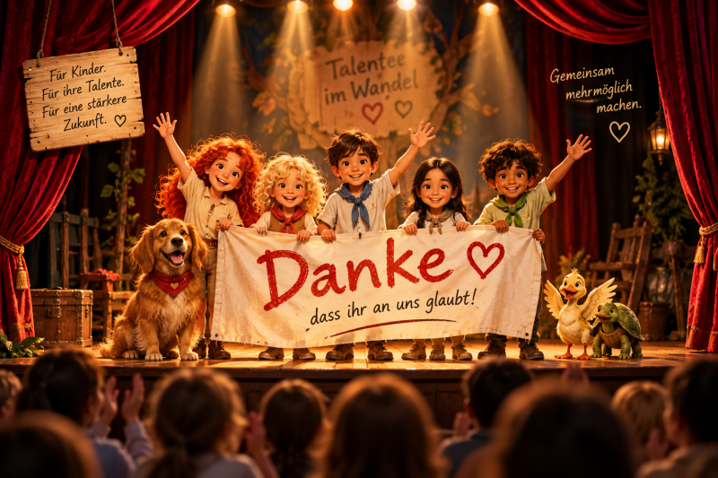 Fünf Kinder bedanken sich gemeinsam auf einer Theaterbühne für die Unterstützung von WandelZeit und seiner Projekte für Kinder, Talente und gemeinsame Erlebnisse.