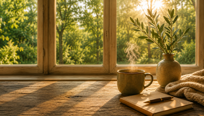 Warmer Arbeitsplatz am Fenster mit einer Tasse Tee, Notizbuch und einer Pflanze im goldenen Morgenlicht. Das Bild steht für Ruhe, Begegnung, persönliche Entwicklung und den geschützten Raum von WandelZeit e. V.