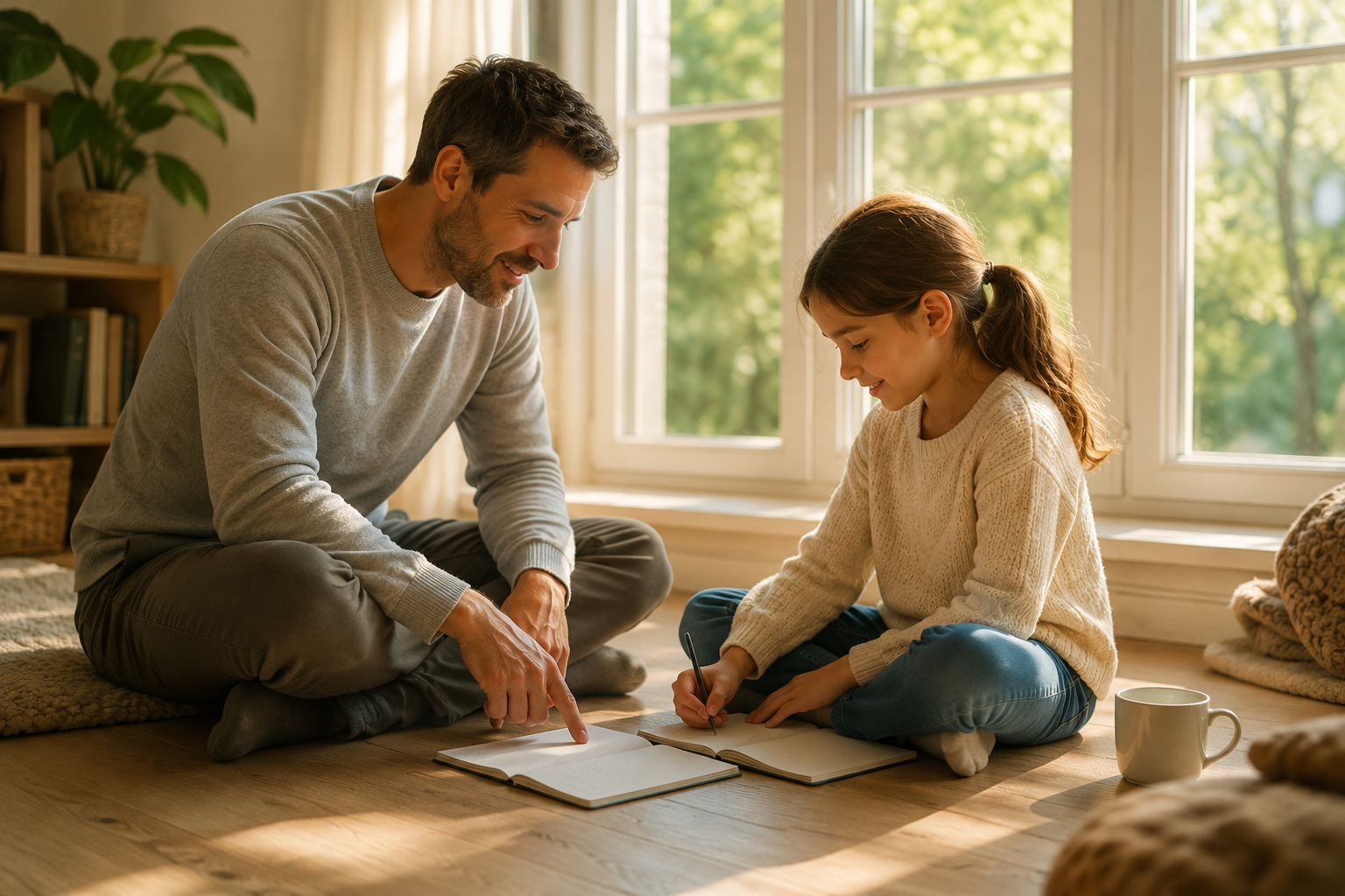Vater spielt sehr verständnisvoll mit seiner Tochter