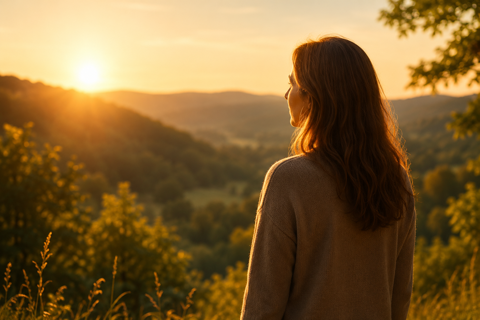 Frau blickt bei Sonnenuntergang über eine weite Naturlandschaft. Das Bild steht für Selbstfindung, neue Perspektiven, innere Stärke und den persönlichen Entwicklungsweg bei WandelZeit e. V.