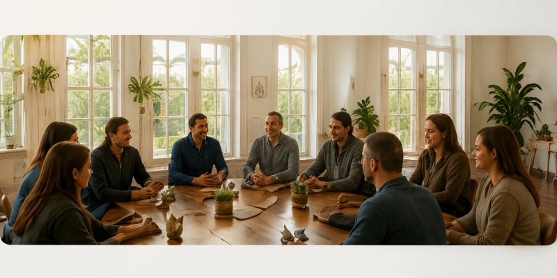 Menschen sitzen gemeinsam an einem großen Holztisch in einem hellen Begegnungsraum und tauschen sich in wertschätzender Atmosphäre aus. Das Bild steht für Gemeinschaft, Dialog, gegenseitiges Verständnis und die Vereinsarbeit von WandelZeit e. V.