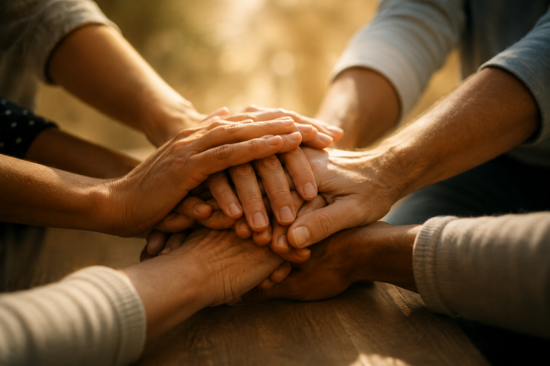 Mehrere Menschen legen ihre Hände übereinander als Symbol für Vertrauen, Zusammenhalt, Gemeinschaft und die gemeinsame Vision von WandelZeit e. V., Räume für Begegnung und Entwicklung zu schaffen.