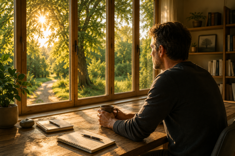 Mann sitzt mit einer Tasse am Fenster und blickt in die Natur. Das Bild symbolisiert Selbstreflexion, innere Ruhe, Orientierung und den geschützten Raum für persönliche Entwicklung bei WandelZeit e. V.