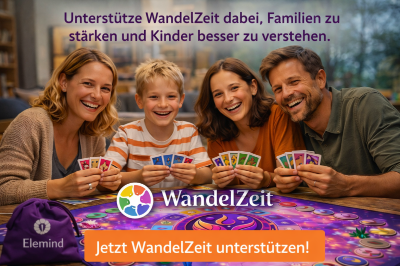 Familie spielt gemeinsam das Elemind Brettspiel und unterstützt die Idee des Vereins WandelZeit, Familien zu stärken und Kinder besser zu verstehen