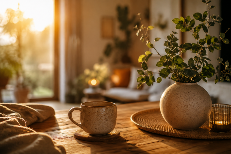 Warme Keramiktasse und Zweige auf einem Holztisch in goldenem Licht, WandelZeit KW e.V.