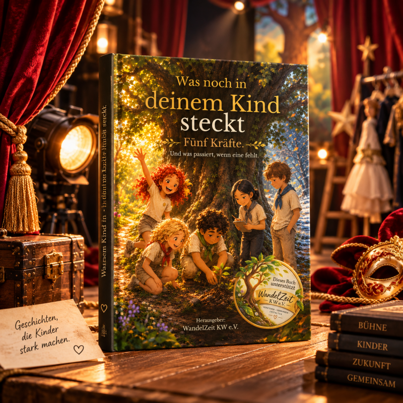 Kinderbuch „Was noch in deinem Kind steckt – Fünf Kräfte“ von WandelZeit vor einer Theaterkulisse – eine Geschichte über unterschiedliche Stärken, Freundschaft und das Entdecken von Potenzialen.
