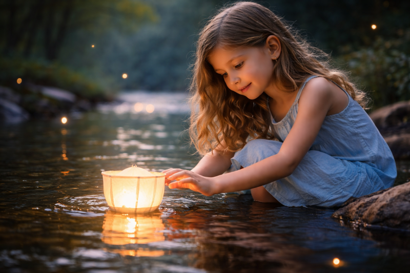 Verträumtes Kind sitzt am Wasser und lässt eine kleine Laterne treiben – Symbol für das Wasser Element bei Kindern mit Fantasie, Tiefe und innerer Welt.