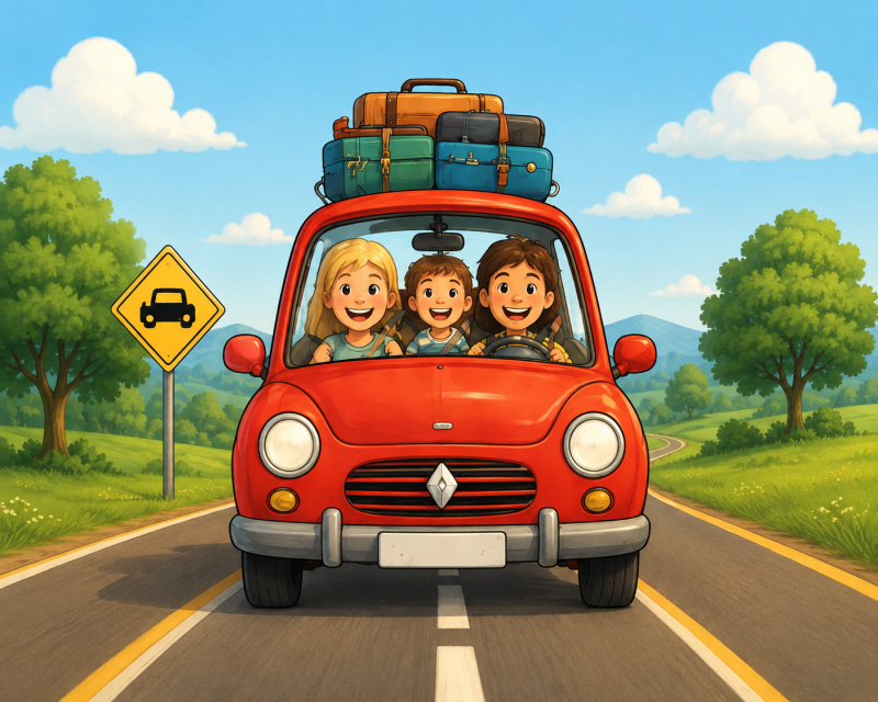 Fröhliche Familie mit drei Kindern in einem roten Auto mit Dachgepäck auf einer sonnigen Landstraße – Illustrationsbild für die ZACK!-App und gemeinsame Autofahrten.
