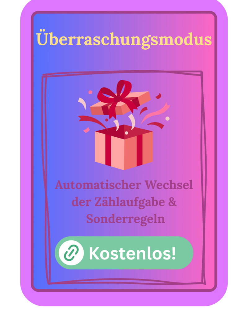 Überraschungsmodus der ZACK-App mit zufälligen Zählaufgaben und abwechslungsreichen Sonderregeln.