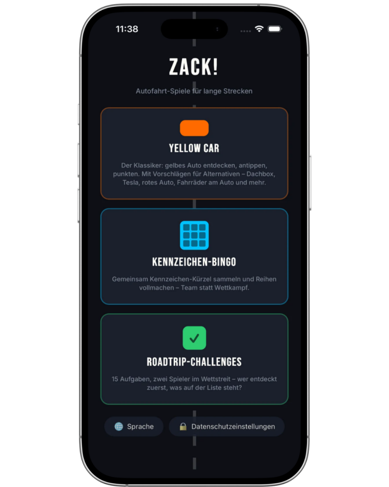 Hauptmenü der ZACK-App mit den Spielmodi Yellow Car, Kennzeichen-Bingo und Roadtrip-Challenges.