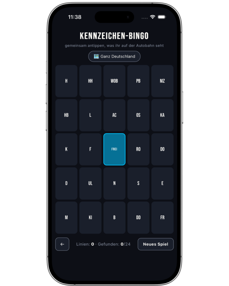 Kennzeichen-Bingo in der ZACK-App mit Bingo-Spielfeld und auswählbarer Region.