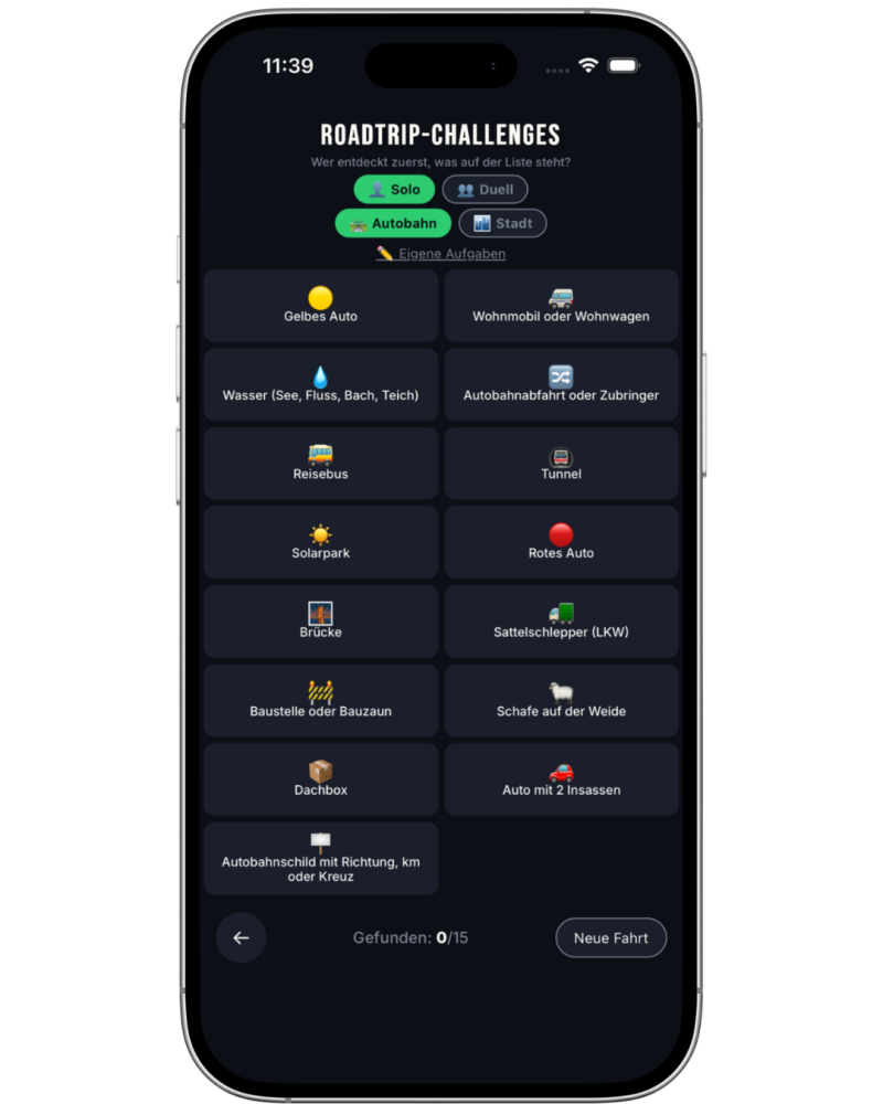 Roadtrip-Challenges der ZACK-App mit abwechslungsreichen Aufgaben für Autofahrten.