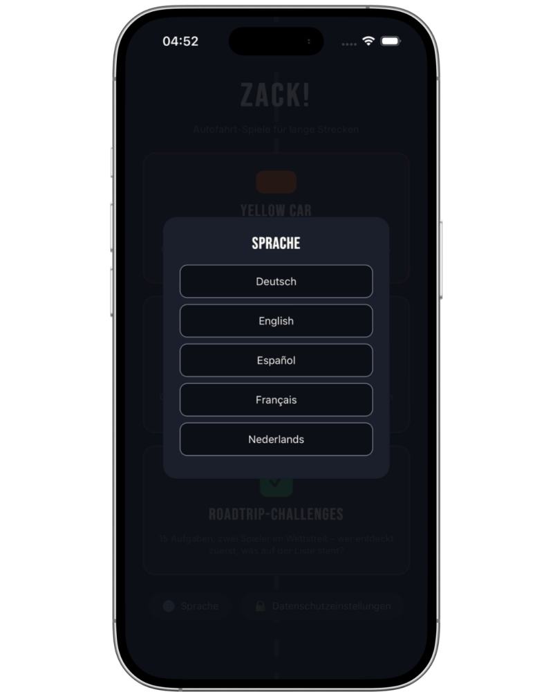 Sprachauswahl der ZACK-App mit Deutsch, Englisch, Spanisch, Französisch und Niederländisch.