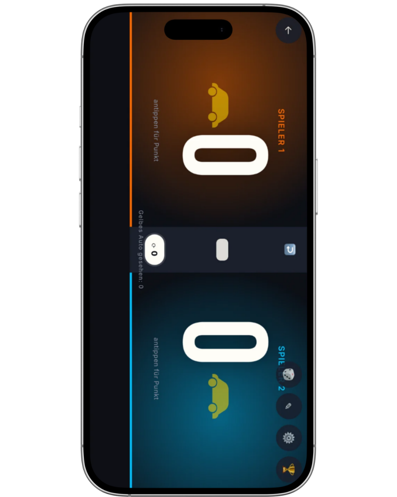Zwei-Spieler-Modus der ZACK-App für das klassische Yellow-Car-Spiel während der Autofahrt.