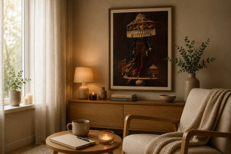 Ein gemütlich eingerichtetes Zimmer in warmem Licht, Sinnbild für einen einladenden Ort der Begegnung, WandelZeit KW e.V.