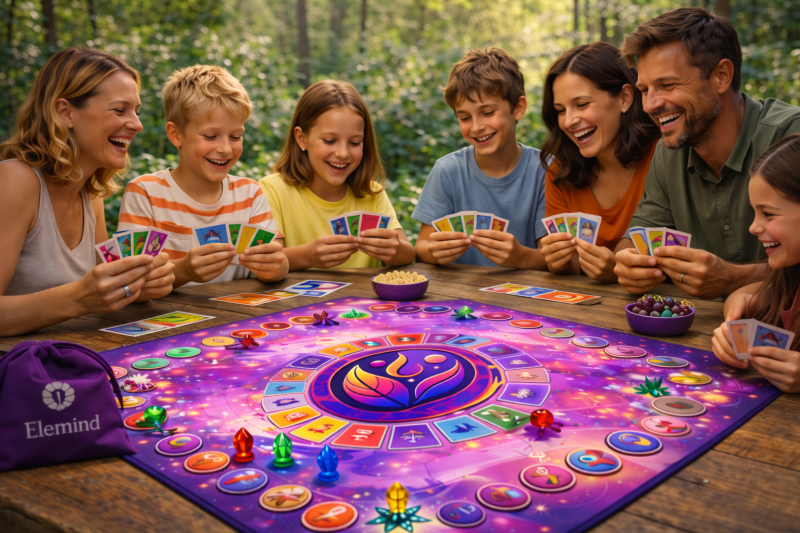 Zwei Familien sitzen gemeinsam am Tisch und spielen das Elemind Brettspiel – ein fröhlicher Spielabend mit Kindern und Eltern in der Natur