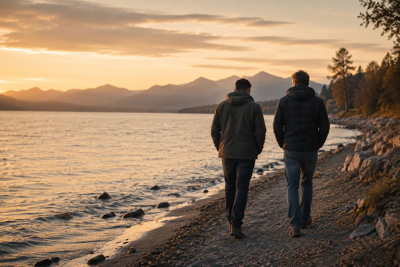 Zwei Männer laufen schweigend am Wasser entlang. Der Weg führt am Ufer, im Hintergrund Berge und ein ruhiger Sonnenuntergang. Ein Moment von Stille, Reflexion und echter Verbindung.