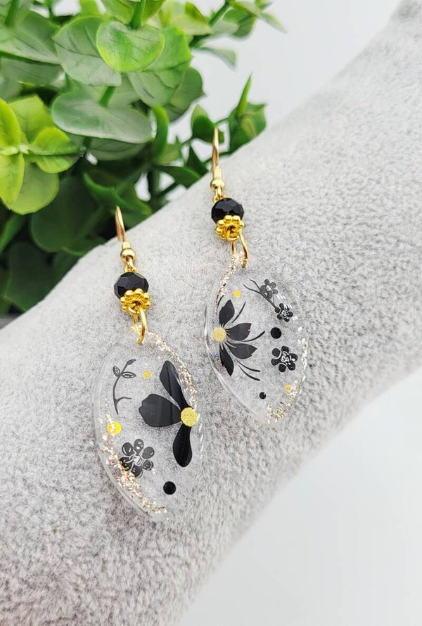 Boucles " Transparentes fleuries noires "