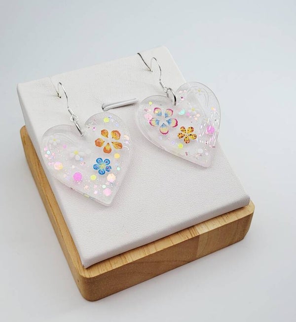 Boucles " Cœurs transparents fleuris "