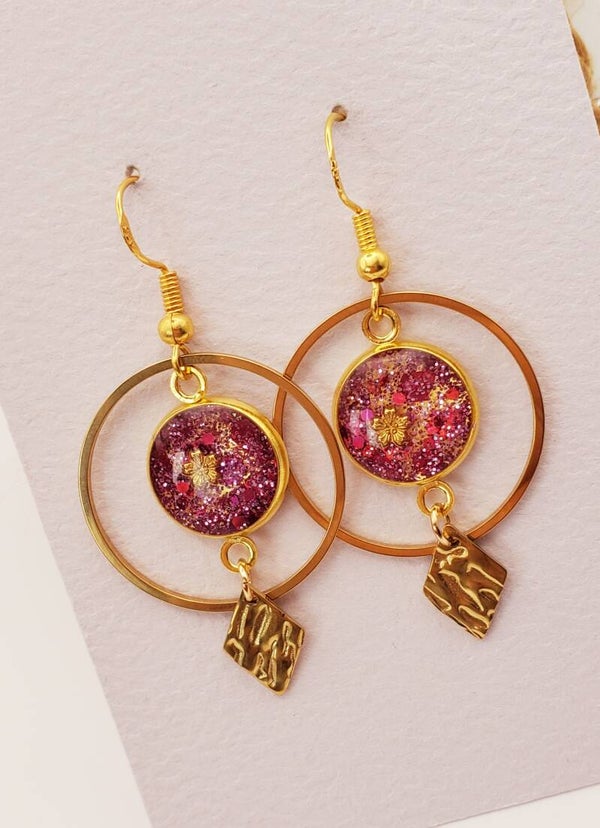 Boucles " Fleur rose pailletée "
