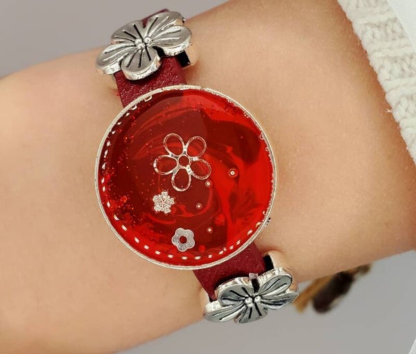 Bracelet "Fleur" rouge- bordeaux