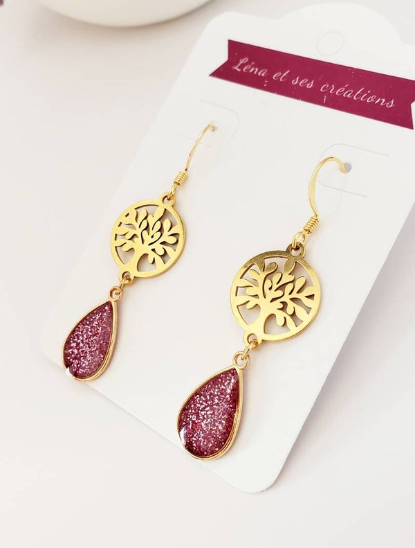 Boucles "Gouttes Dorées Asymétriques Roses claires"