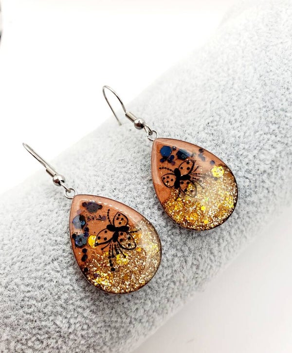 Boucles 《 Gouttes argentées 》 Brunes pailletées