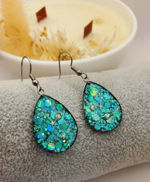 Boucles 《 Gouttes argentées 》 Mer Turquoise