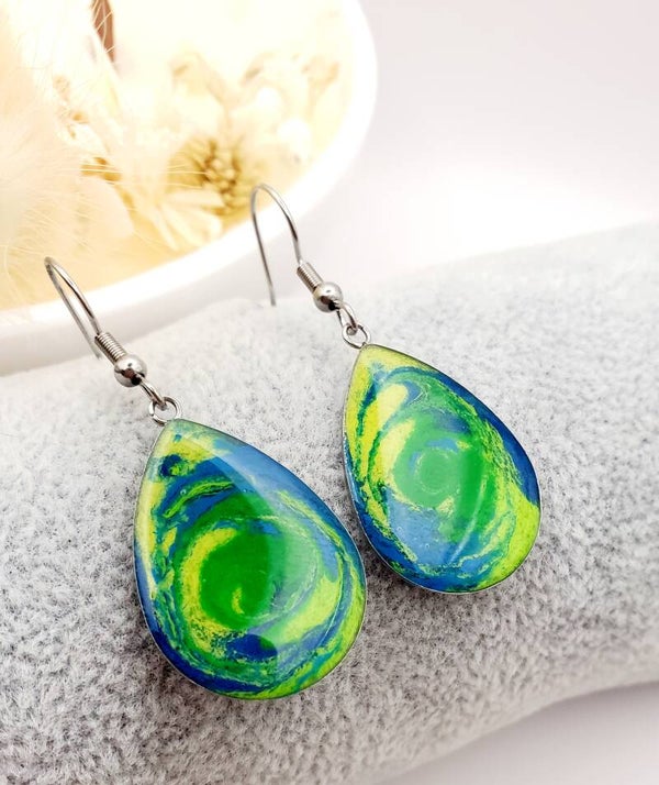 Boucles 《 Gouttes argentées 》 Tourbillon vert