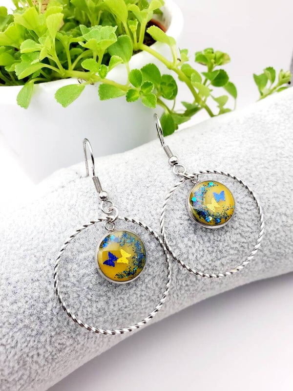 Boucles " Créoles jaunes papillons bleus "