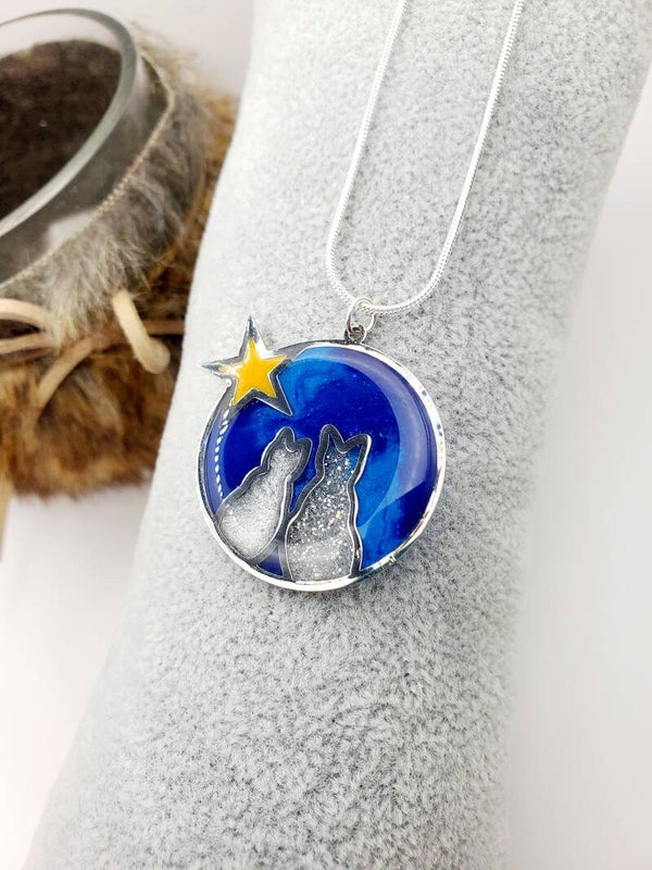 Collier " Duo de chat - bleu "