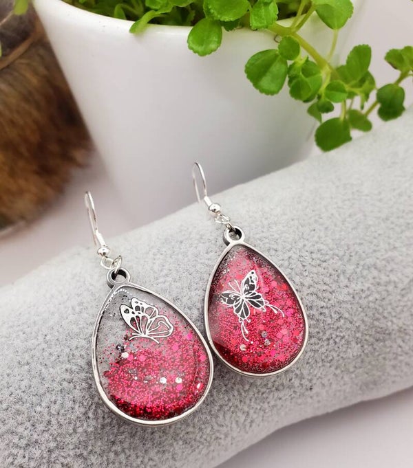Boucles " Gouttes acier fuschias "