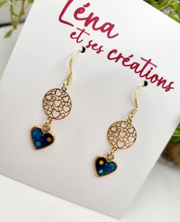 Boucles " Petits cœurs pailletés bleus "