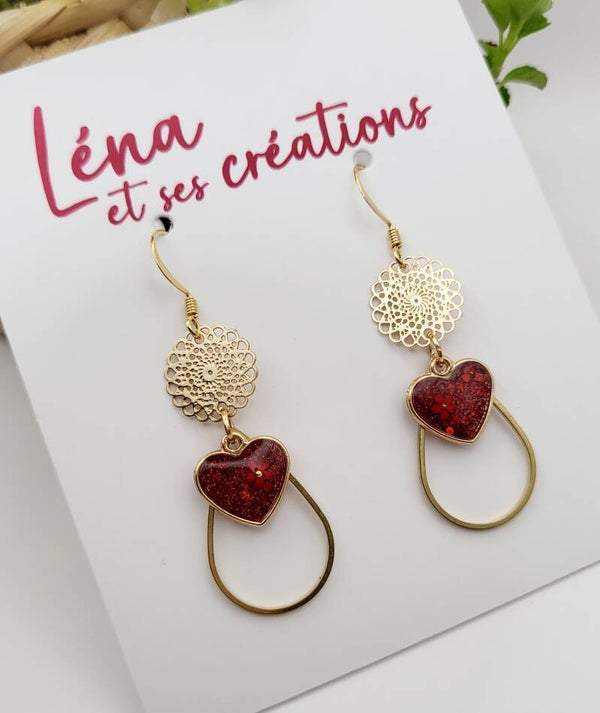 Boucles " Petits cœurs pailletés rouges "