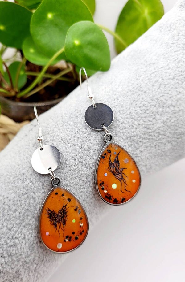 Boucles " Gouttes oranges papillons "