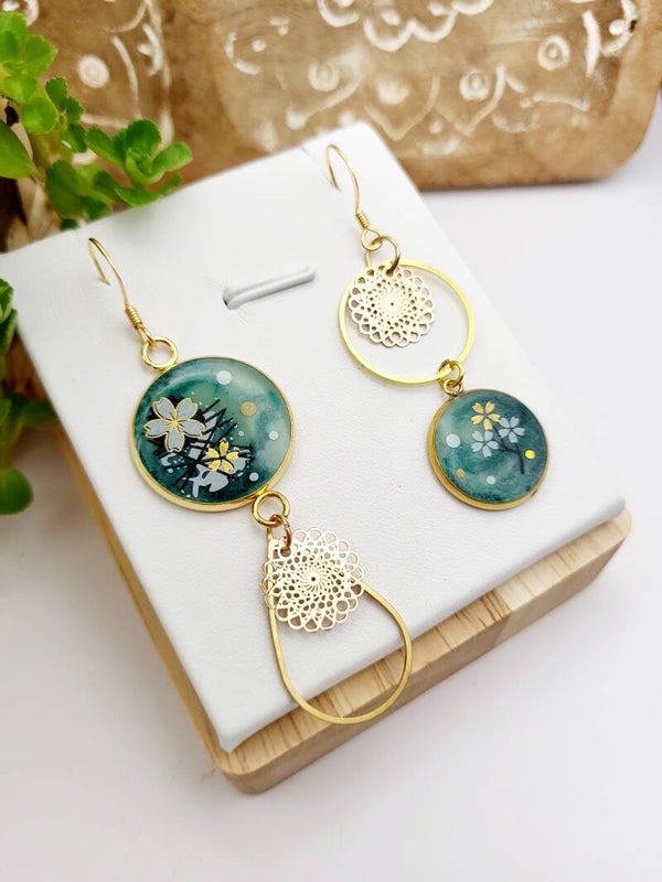 Boucles " Fleuries vertes et vert émeraude "