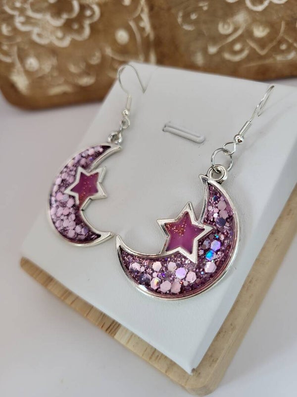 Boucles " Lunes pailletées toute roses "