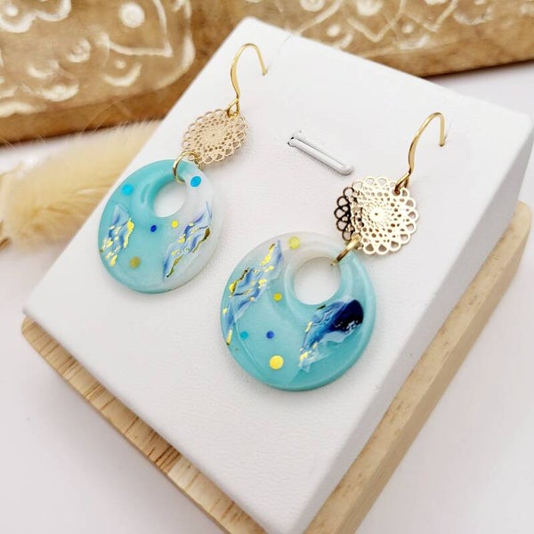 Boucles " Créoles résine turquoise mer bleue"