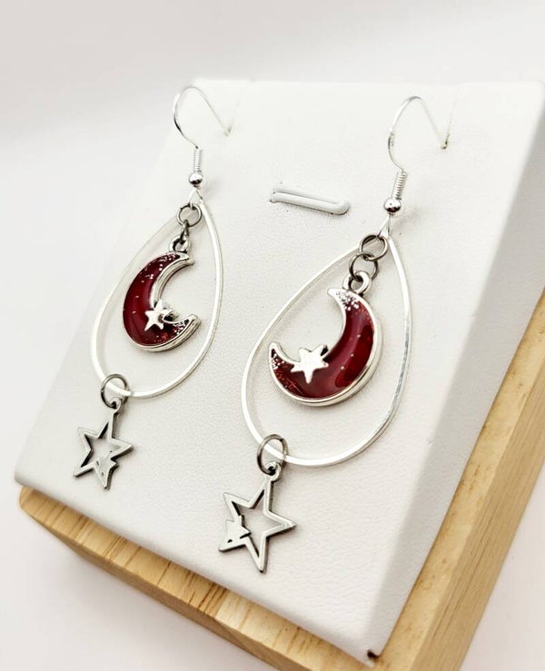 Boucles " Lunes étoilées rouges "