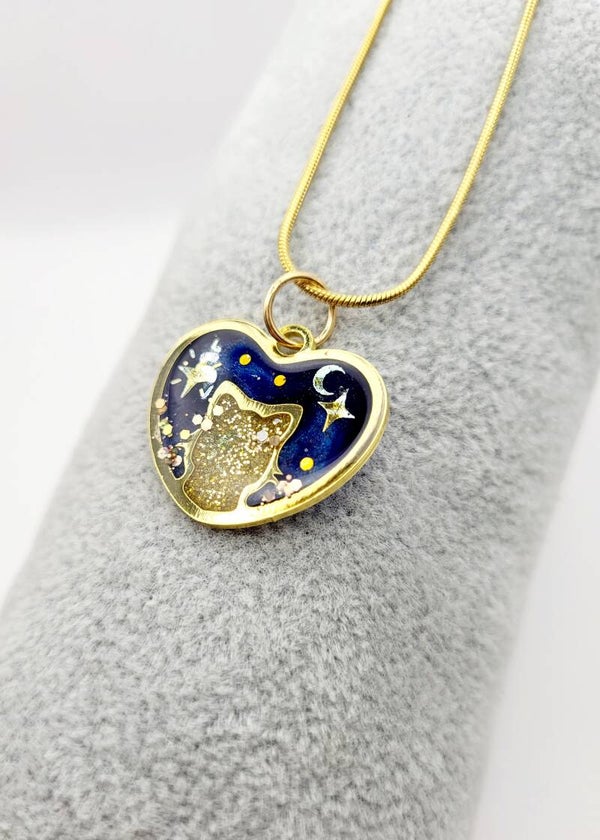 Collier " Cœur chat bleu et doré "