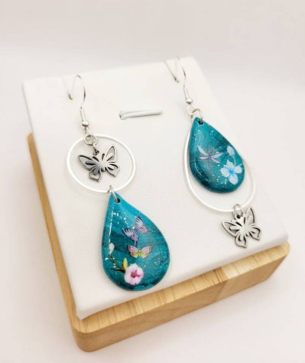 Boucles " Gouttes fleuries turquoises "