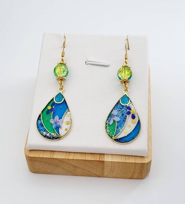 Boucles " Gouttes bleues fleuries "