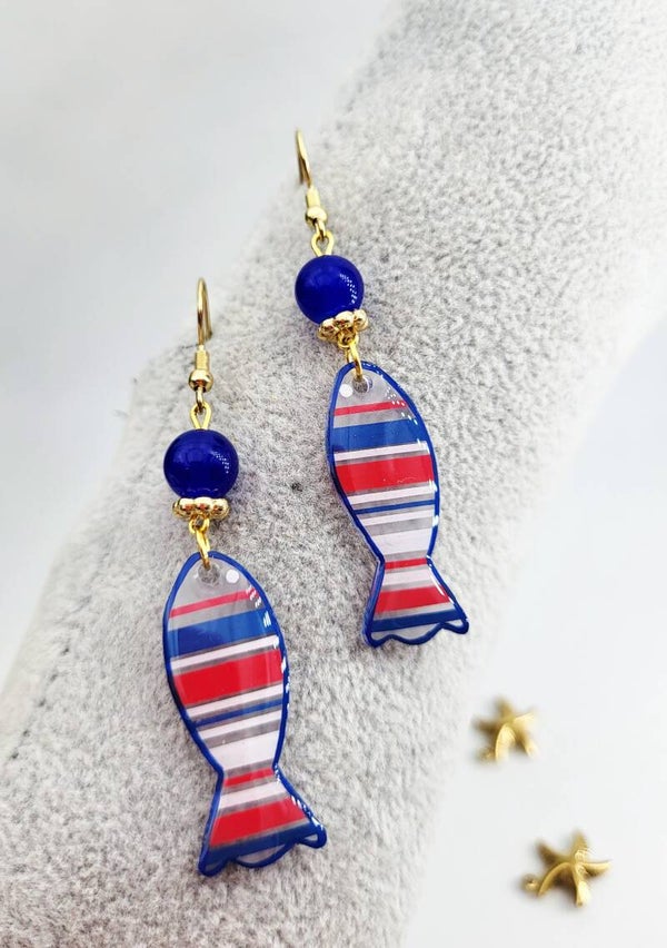 Boucles " Poissons bleu blanc rouge "